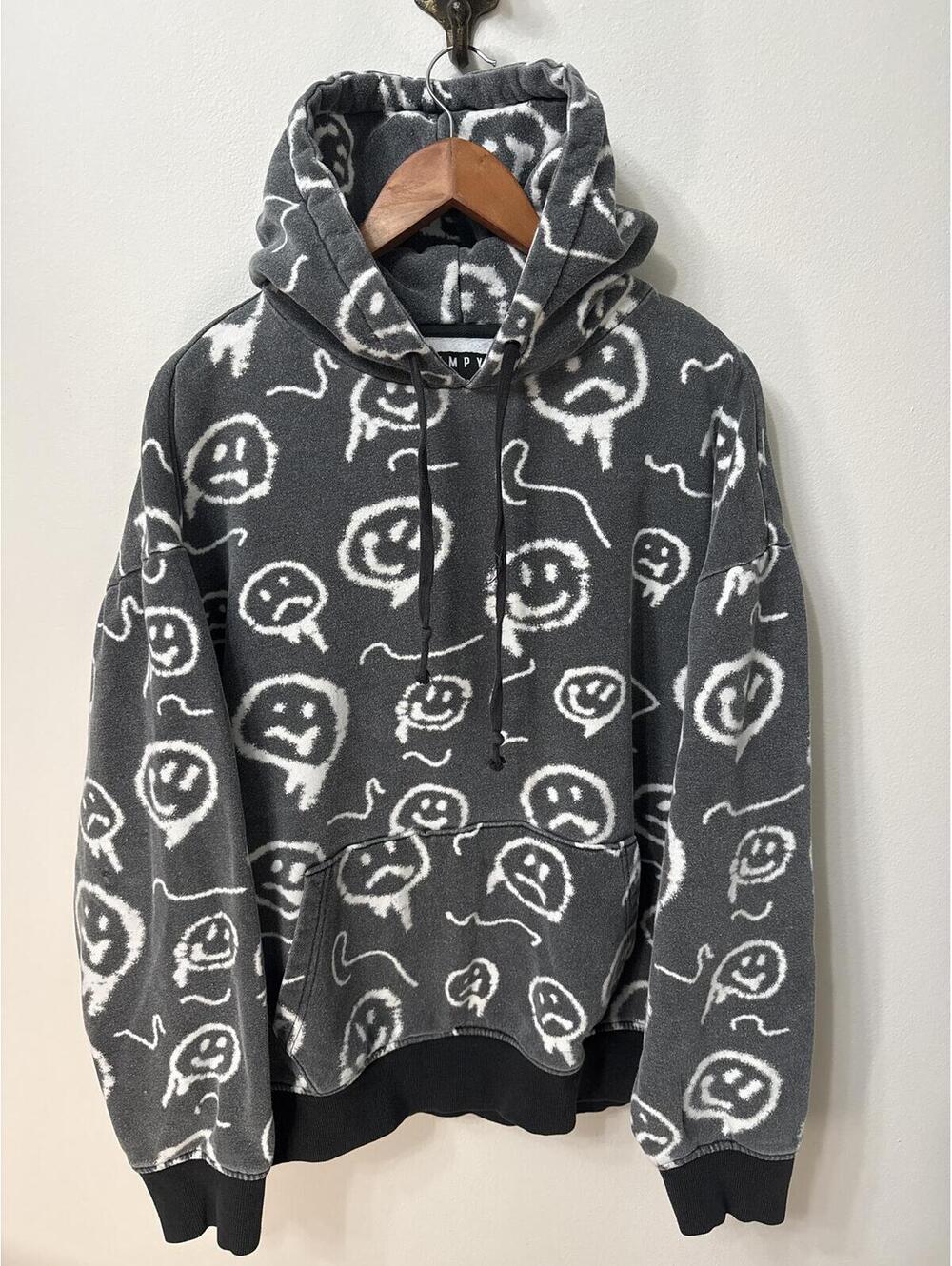 Empyre XL Fleece Hoodie Gray Black Smiley Face All Over Print Skater